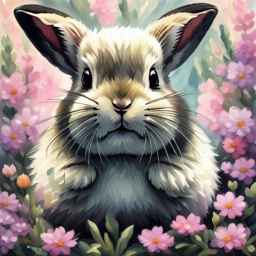 Cartoon Bunny Laughing in Spring Flower Field