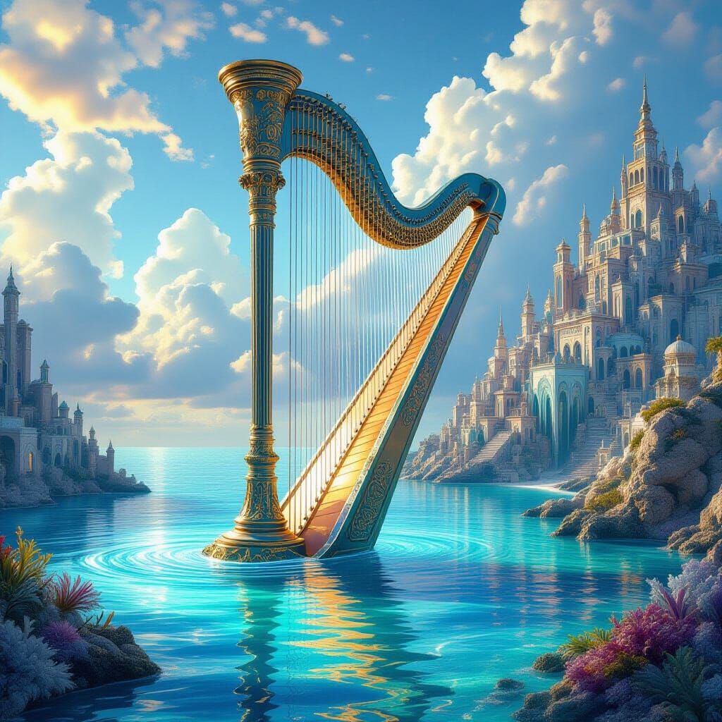 Giant Harp in Dreamlike Sea with Coral City