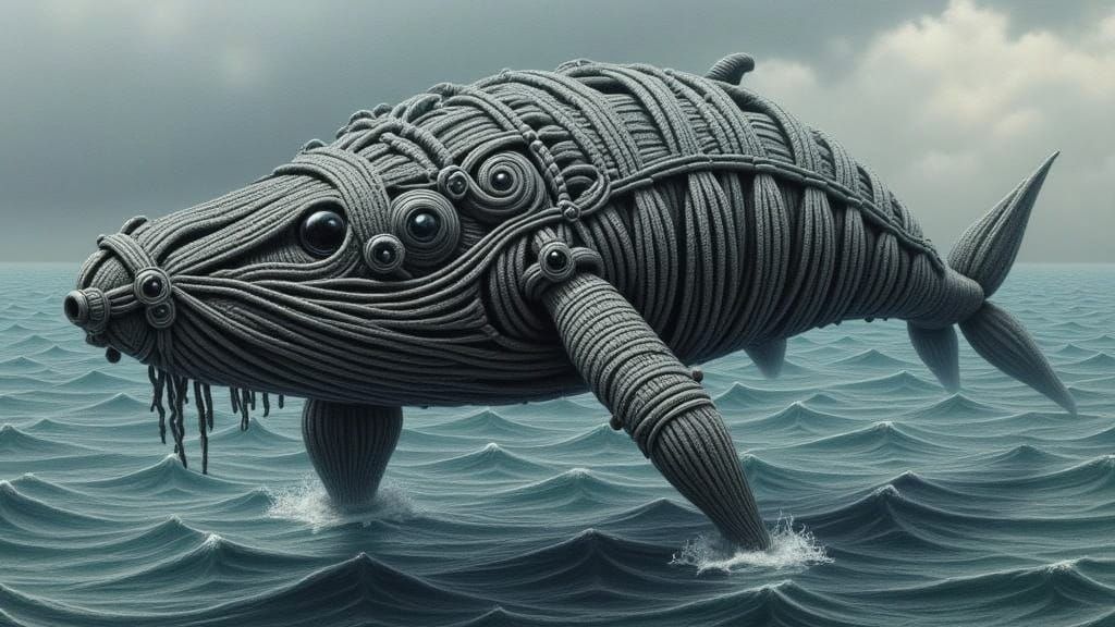 Macrame Whale Drifts Above the Ocean in Vibrant Colors