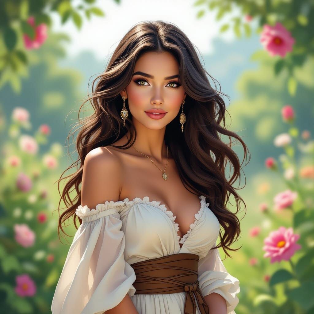 Elegant Woman in a Lush Fantasy Landscape
