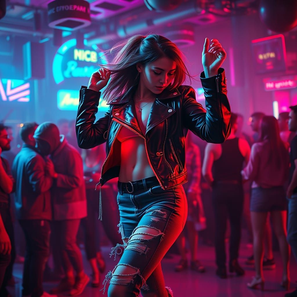 Cyberpunk Girl Dancing in Neon Nightclub