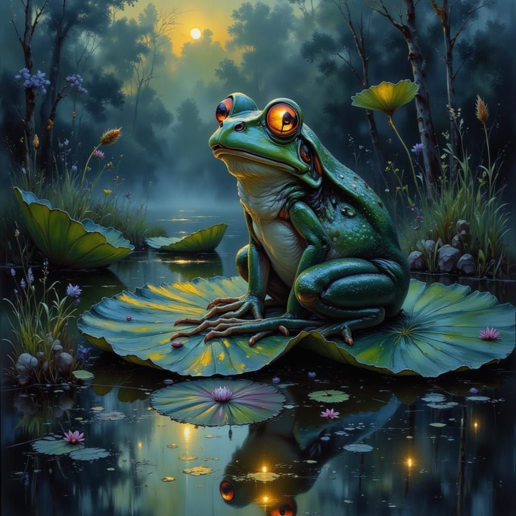 Frog on Lily Pad in Dreamlike Impressionistic Painting