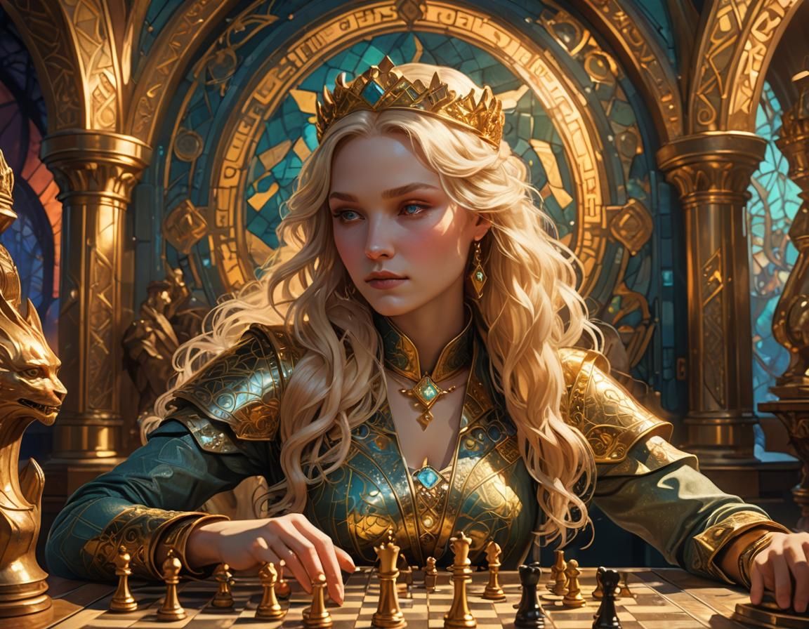 Blonde Queen Playing Chess in Art Deco Style