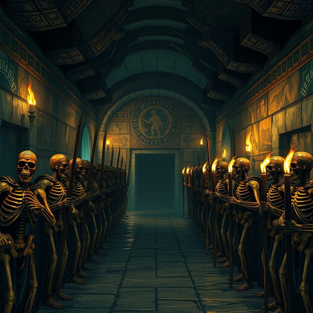 Ancient Etruscan-Inspired Dungeon with Fresco-Adorned Walls....