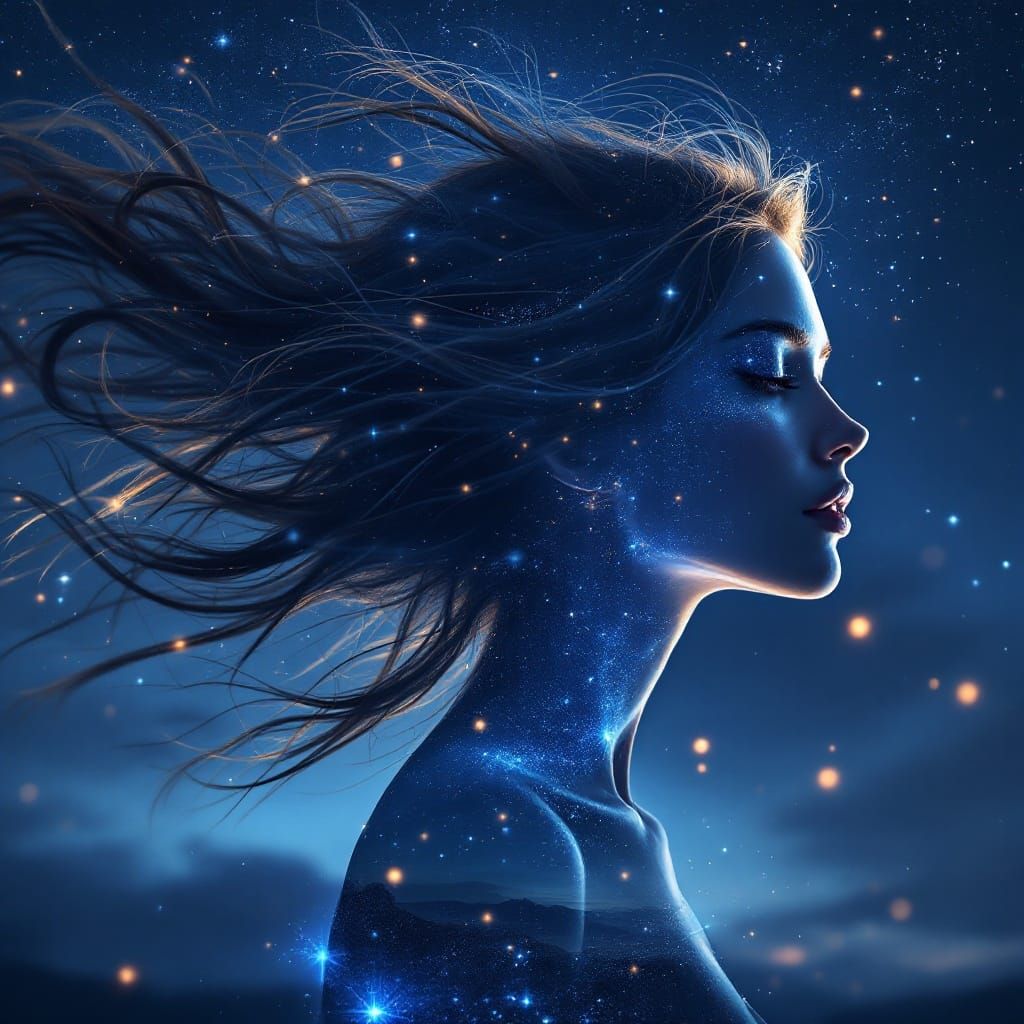 Ethereal Night Sky with Flowing Hair