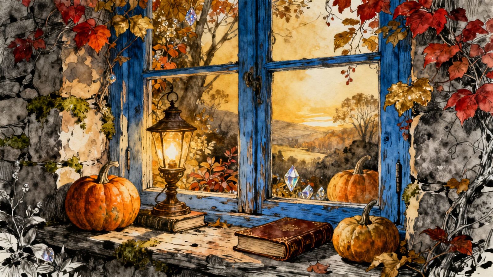 Cozy Autumn Landscape Through Blue Window