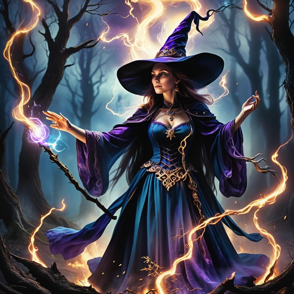 Enchanted Witch Casting Spell in Mystical Forest
