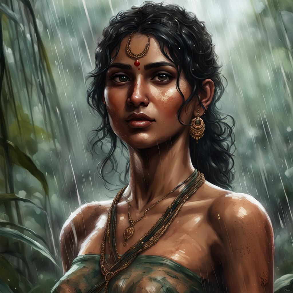 Gorgeous Tamil Woman in Jungle, Splash Art Style