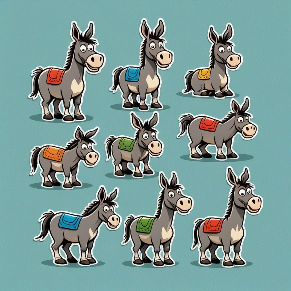 Don Martin-Style Donkey Stickers in Hilarious Poses