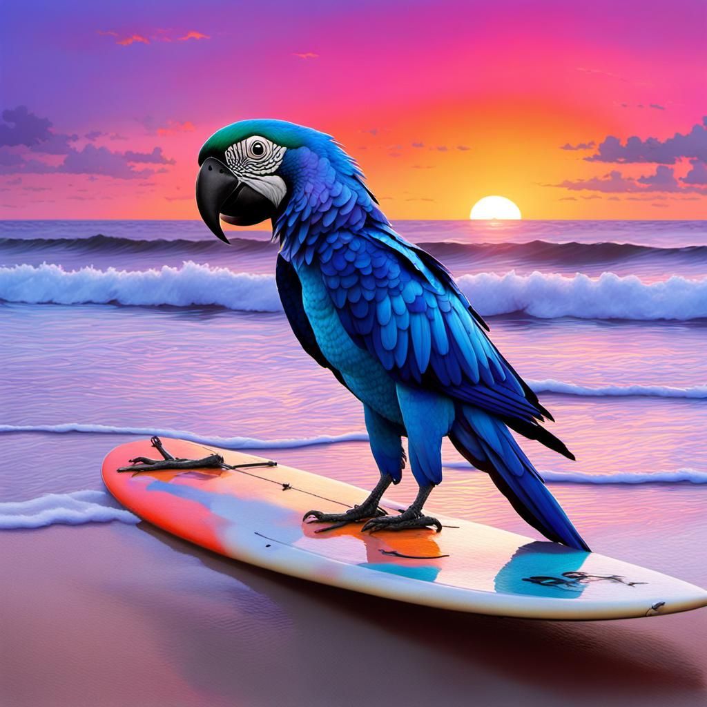 Blu the Macaw Surfs at Dusk: Fantasy Concept Art