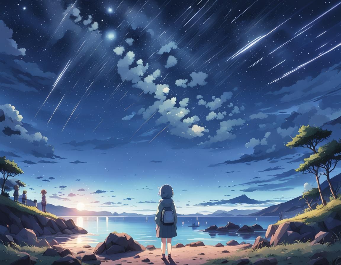 Anime Girl Watches Starry Sky by the Sea
