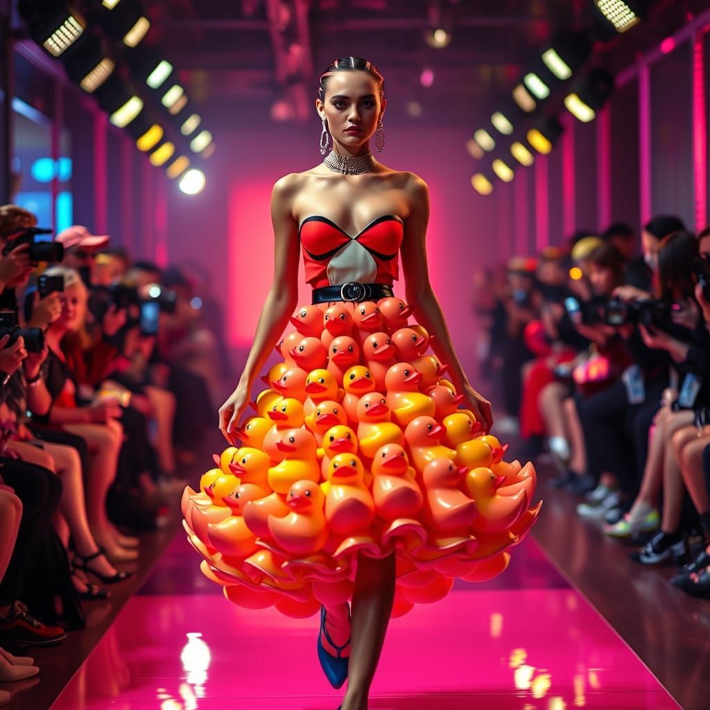 Glamorous Model Struts Down Neon Catwalk in Oversized Rubber...