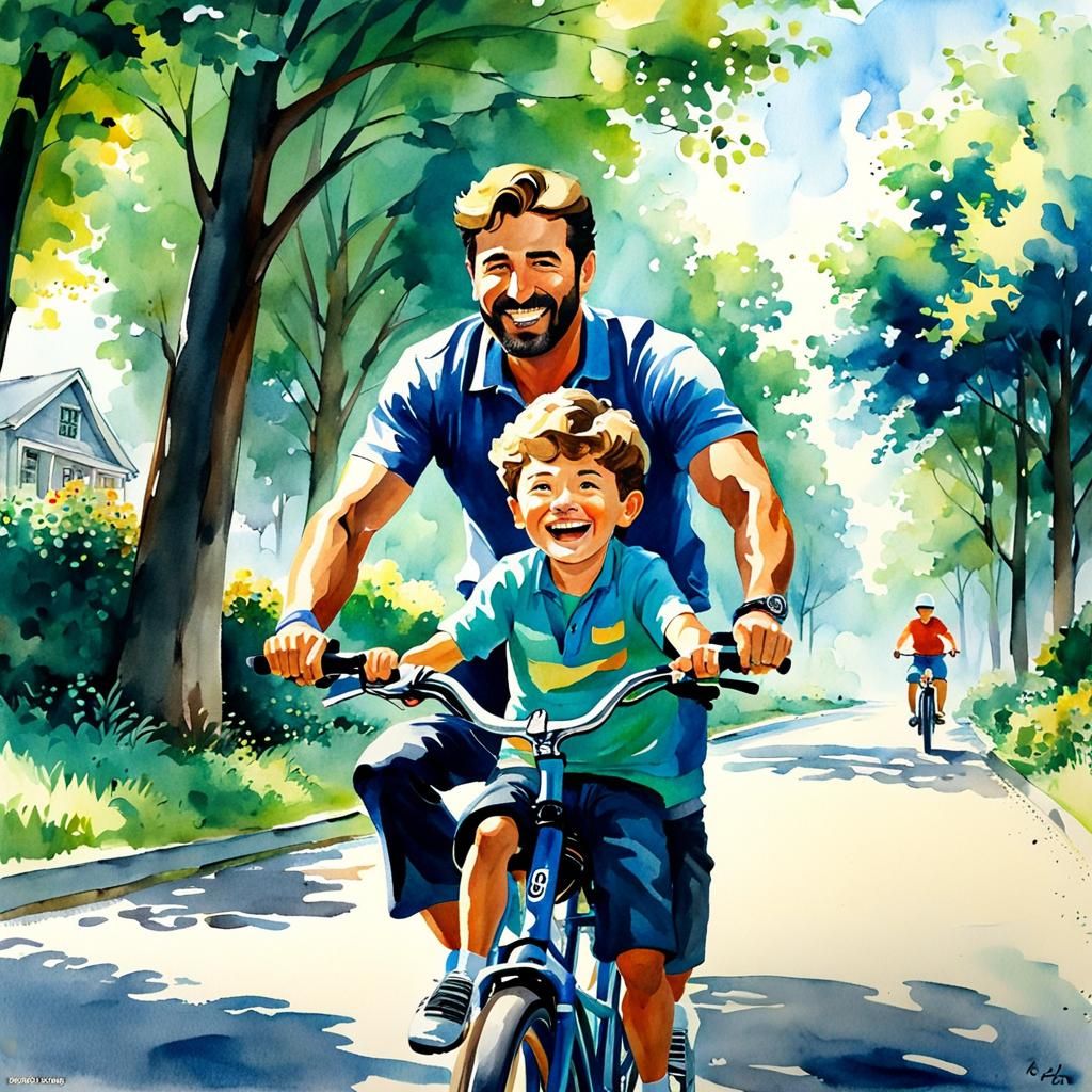 Father and Son's Joyful Bike Ride: Watercolor Masterpiece
