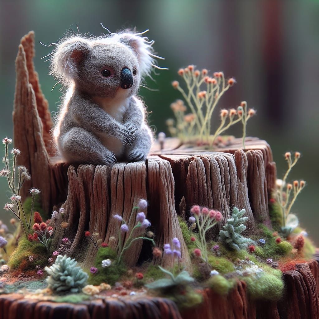 Fuzzy Felt Koala on Weathered Tree Stump