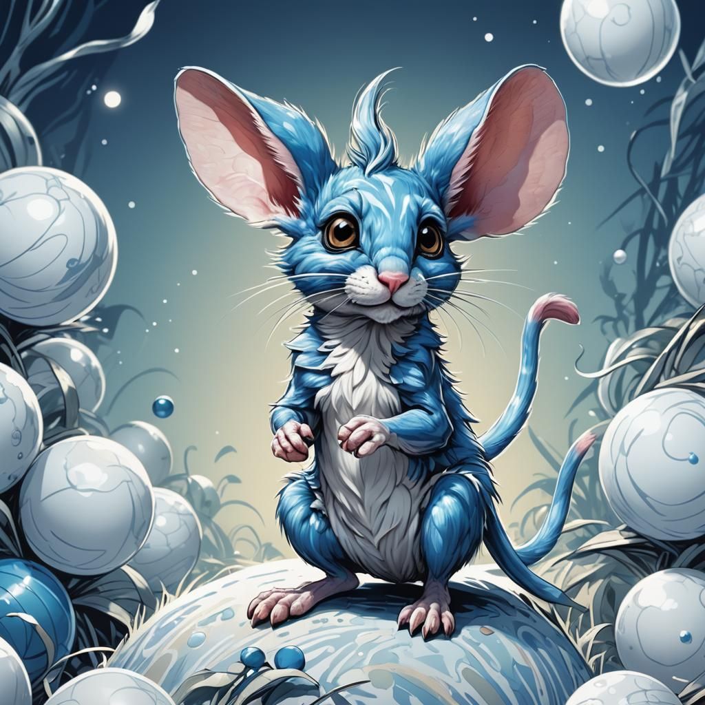 Blue Plush Jerboa on White Ball in Comic Style