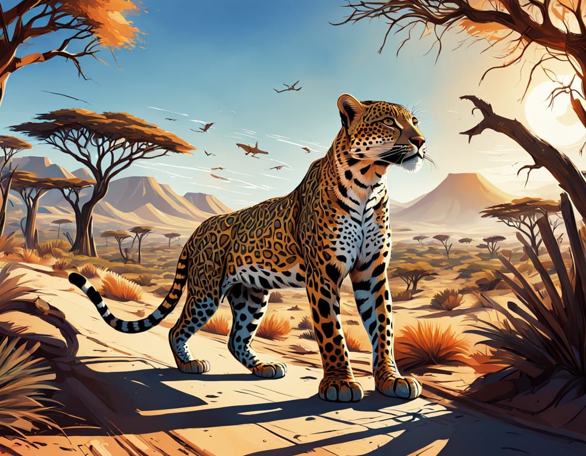 Vibrant Desert Leopard Mural in African Street Art Style