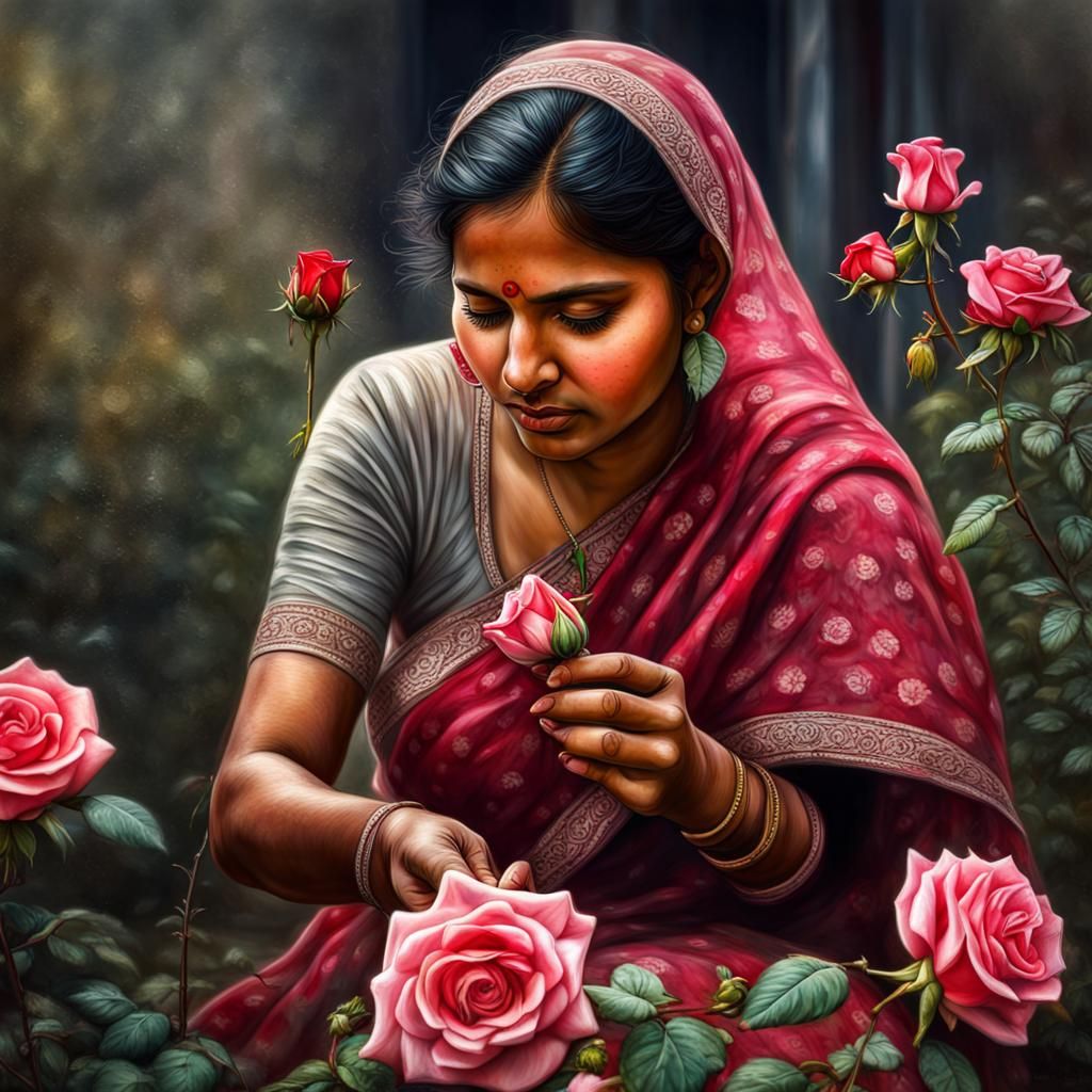 Indian Women Plucking Roses: Hyperrealistic Garden Scene