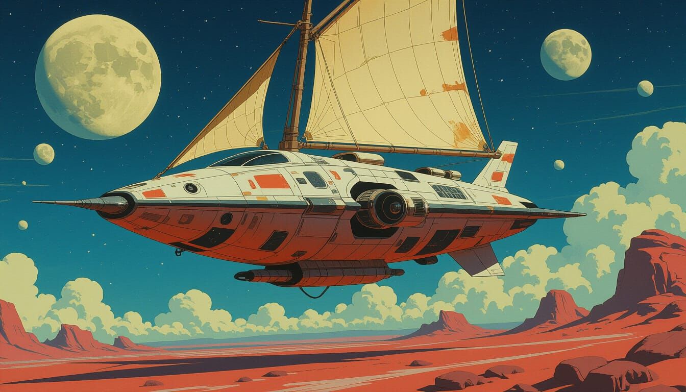 Retro-Futuristic Space Caravel Navigates Luminous Moons