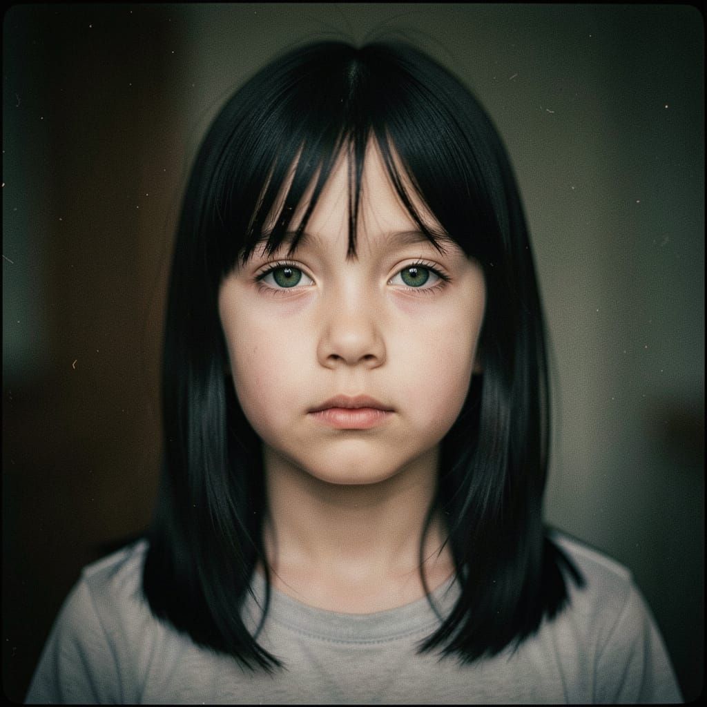 Cinematic Portrait of a Girl with Black Hair and Green Eyes