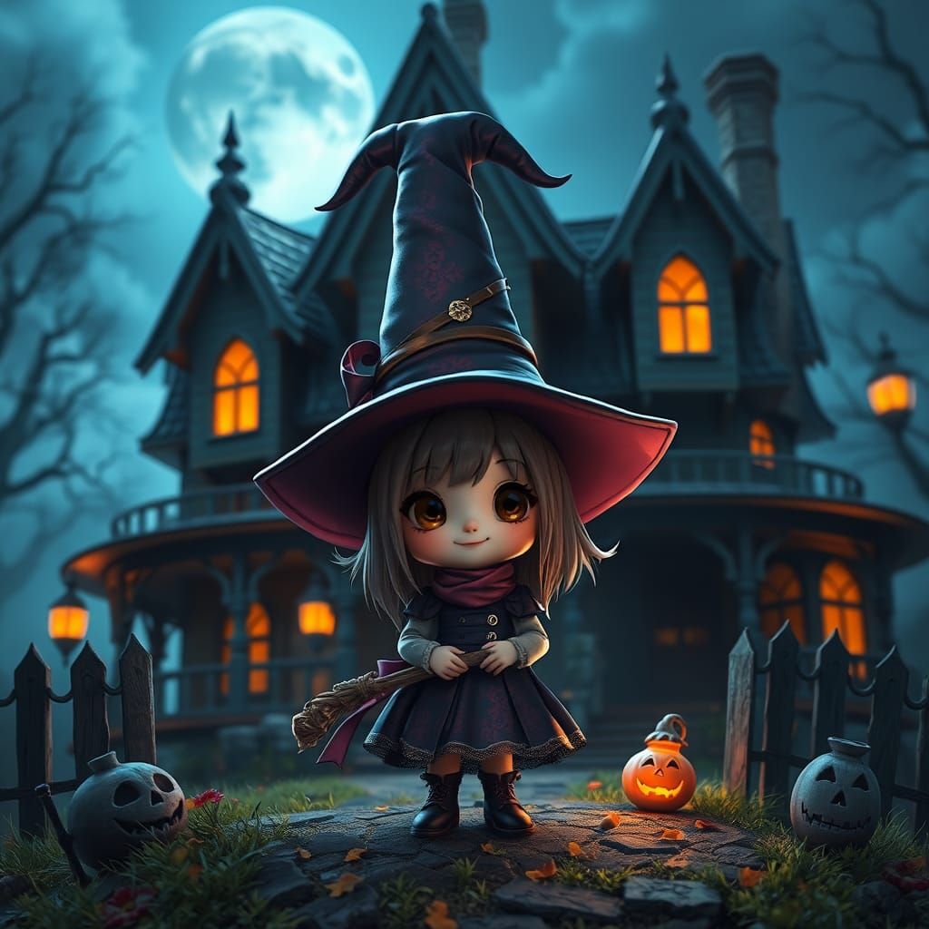 Chibi Witch in Front of Haunted House