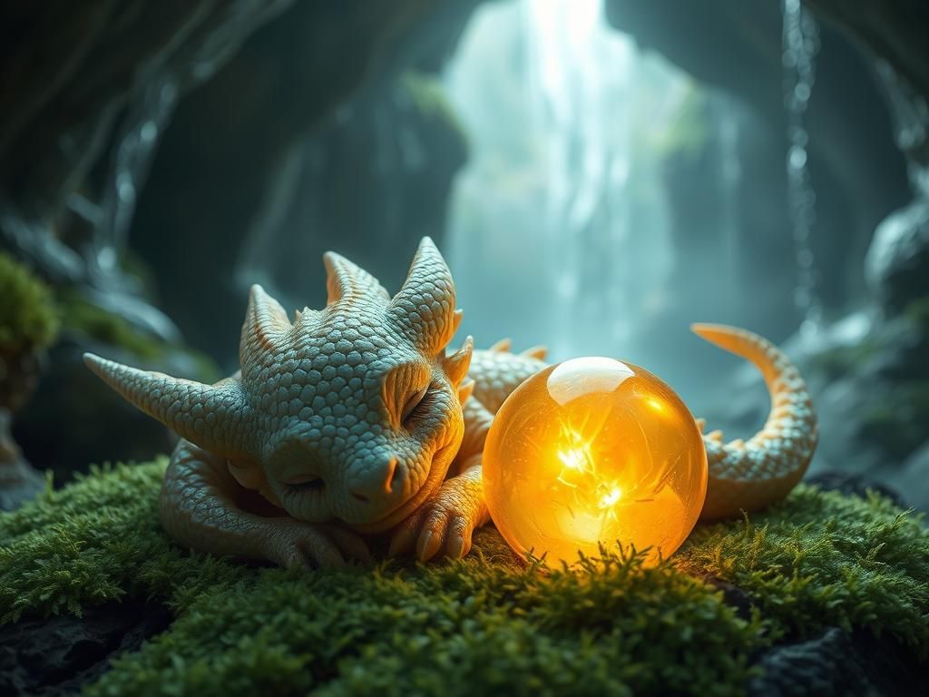 Sleeping Feathered Dragon Puppy with Golden Orb