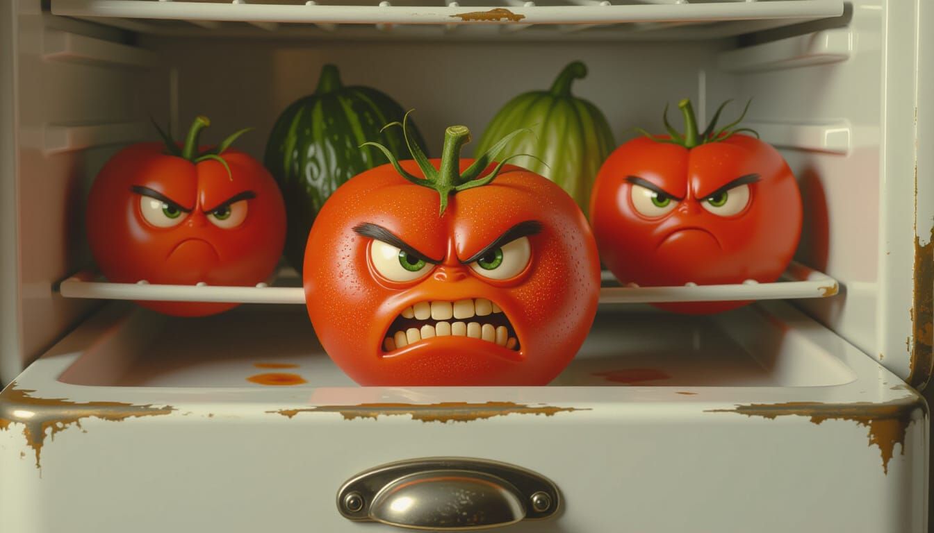 Angry Rotting Tomato in Antique Fridge Painting