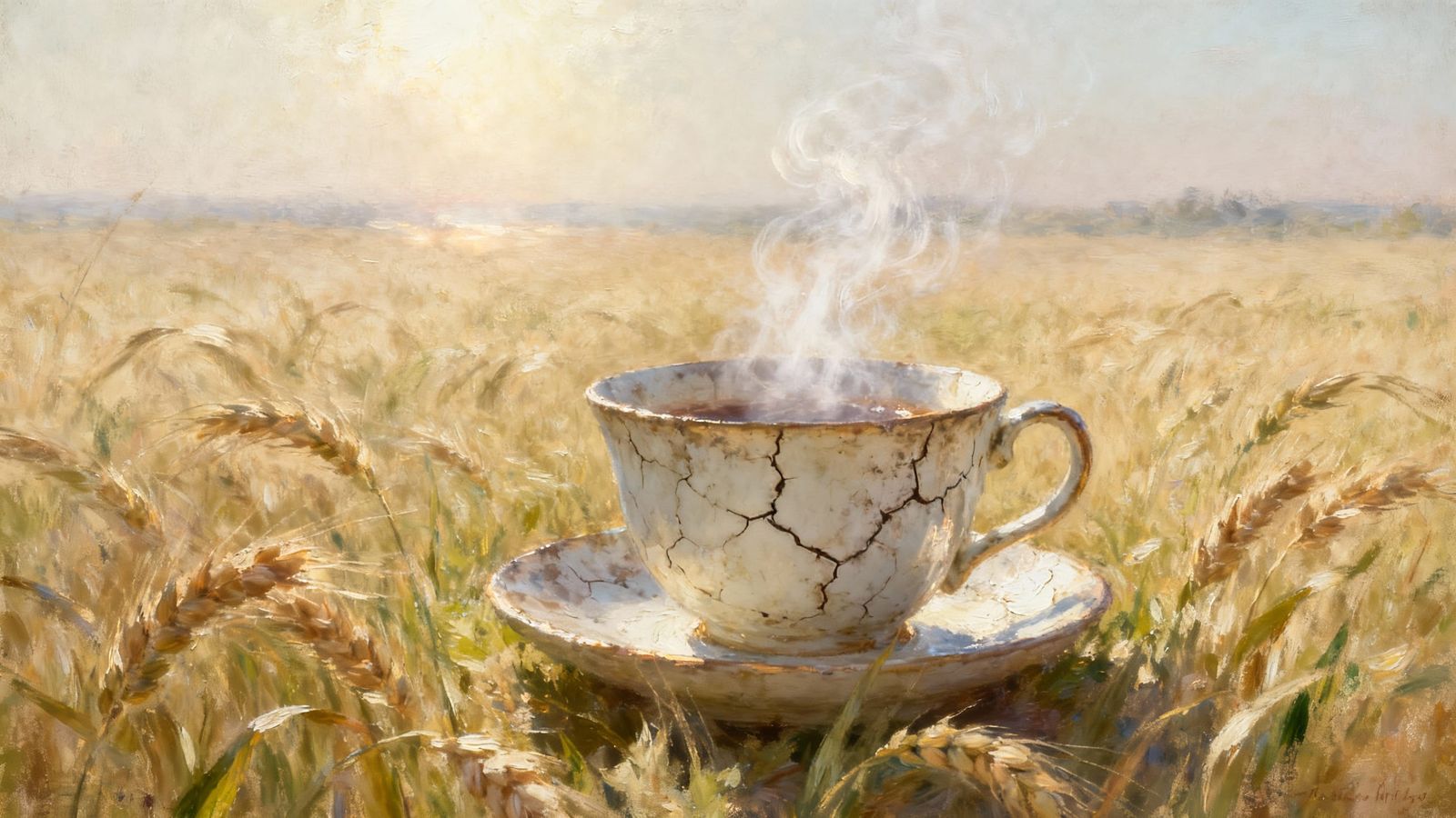 Giant Teacup in Wheat Field, Impressionist Style