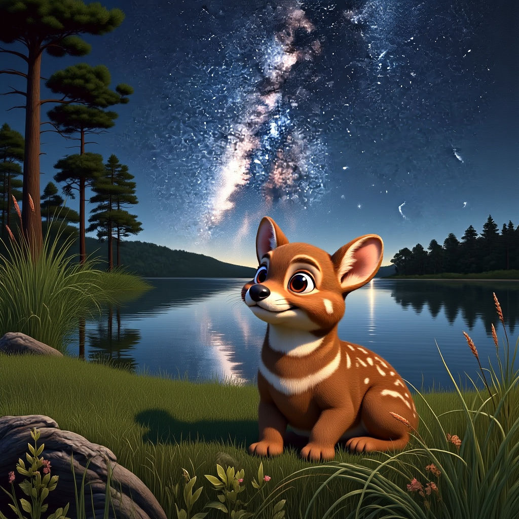 Baby Pudu Gazing at Starry Night Sky