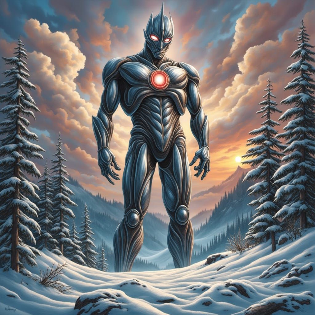 Giant Ultraman Tiga Stands in Misty Lake