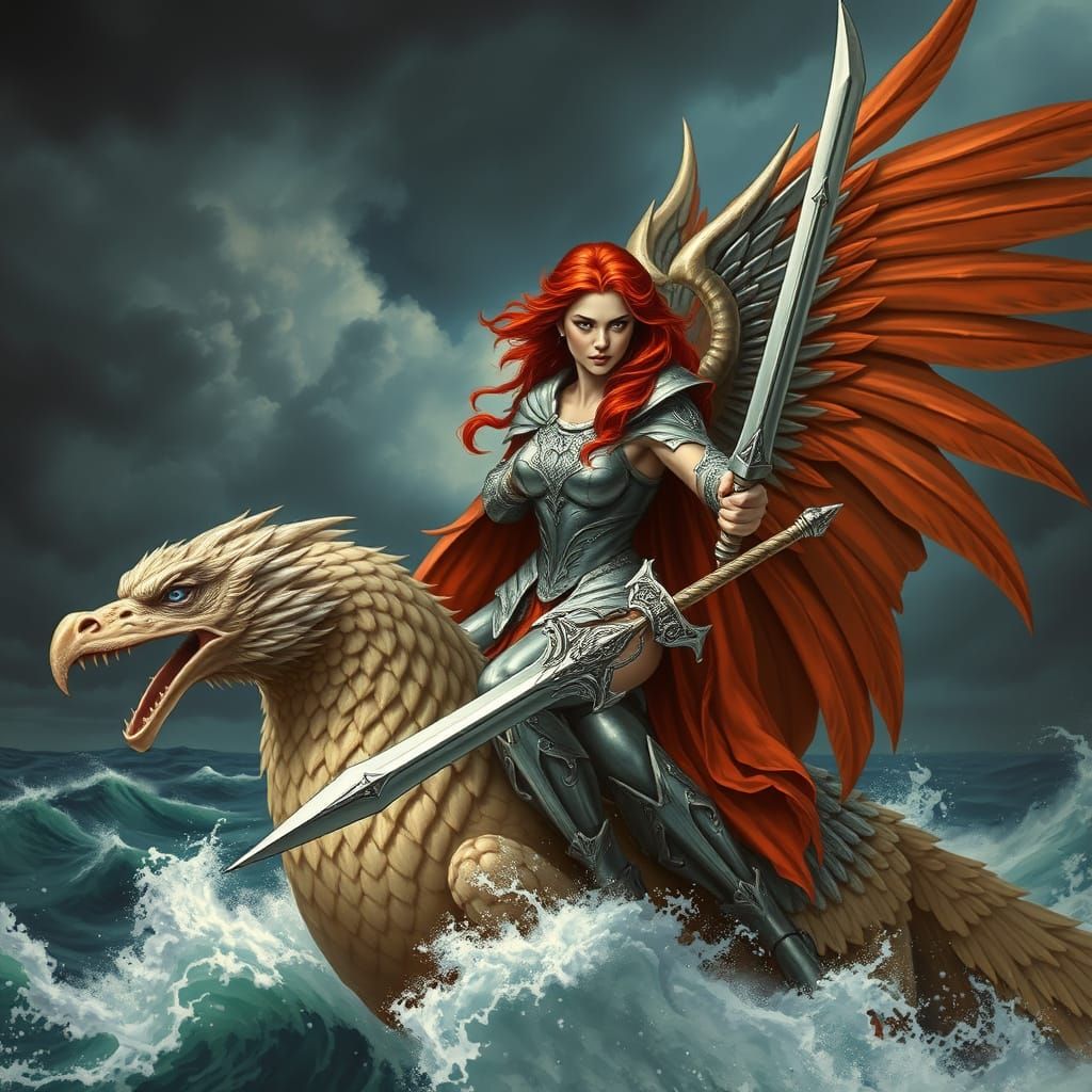 Valkyrie Rides Griffin through Stormy Skies in Hyperrealisti...