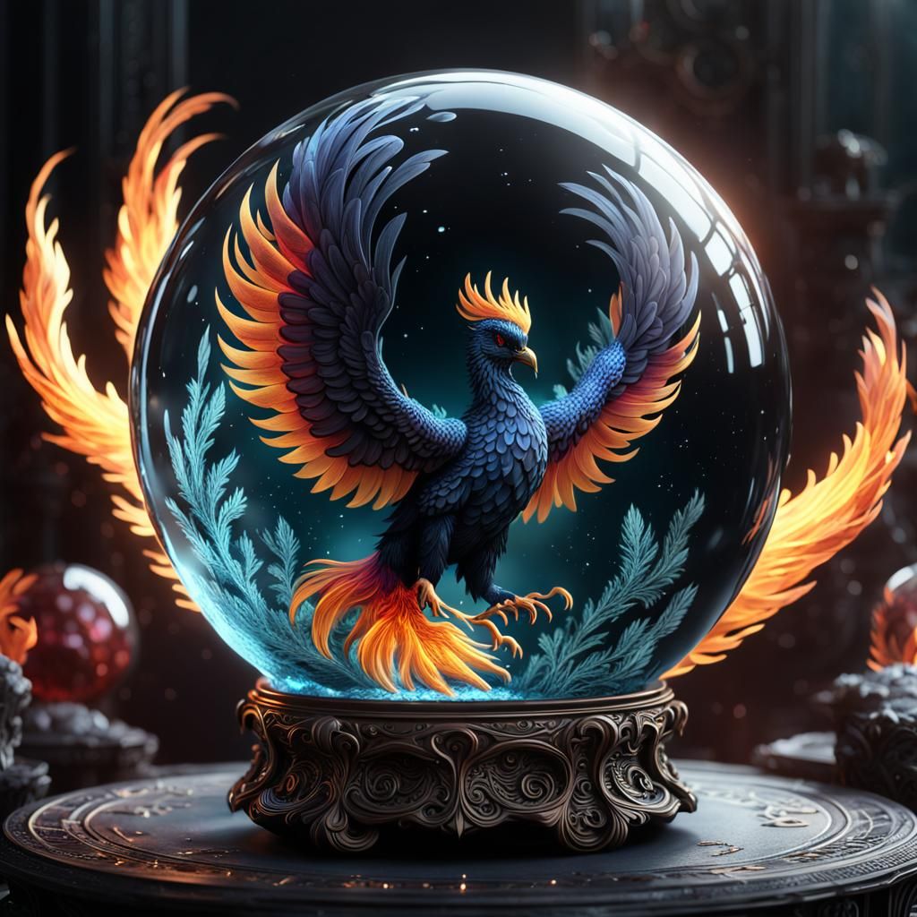 Phoenix Inside Black Crystal Ball, Fantasy Art