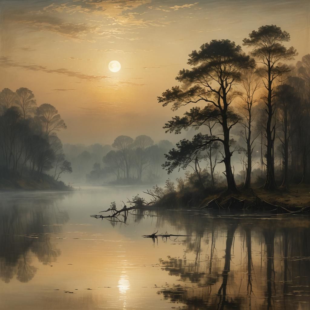 Moonlit Lake in Romanticist Style