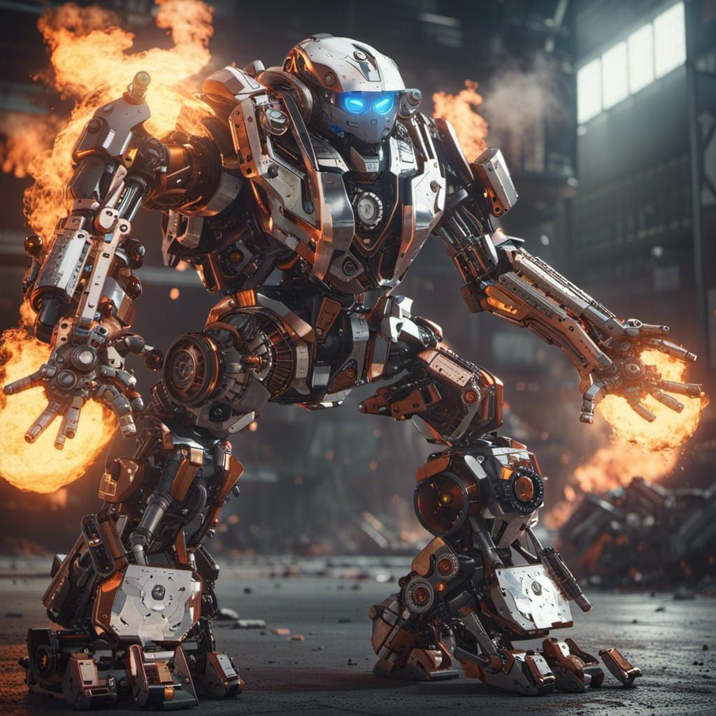Futuristic Robot with Flamethrower in Sci-Fi Scene