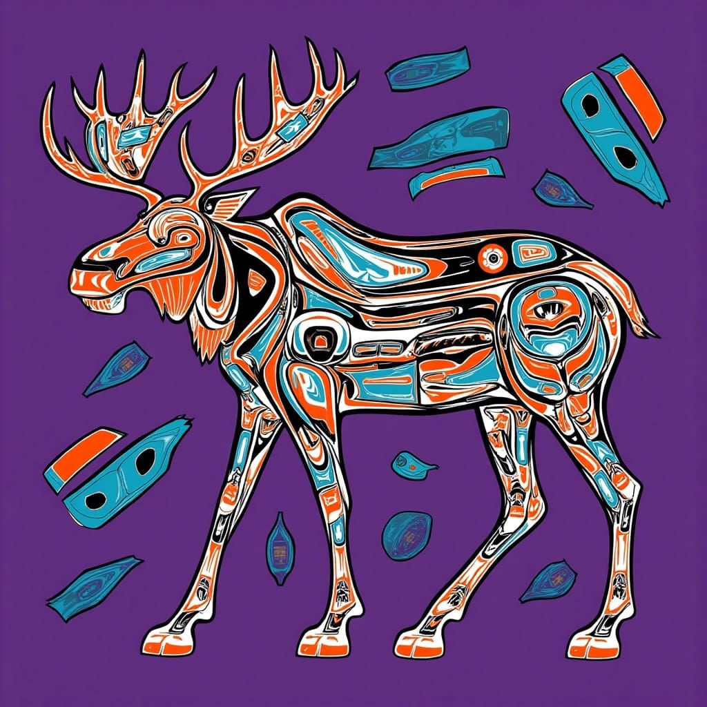 <lora:Haida Style:1.0> A Haida style picture of a moose. Selective colors only Purple and turquoise
