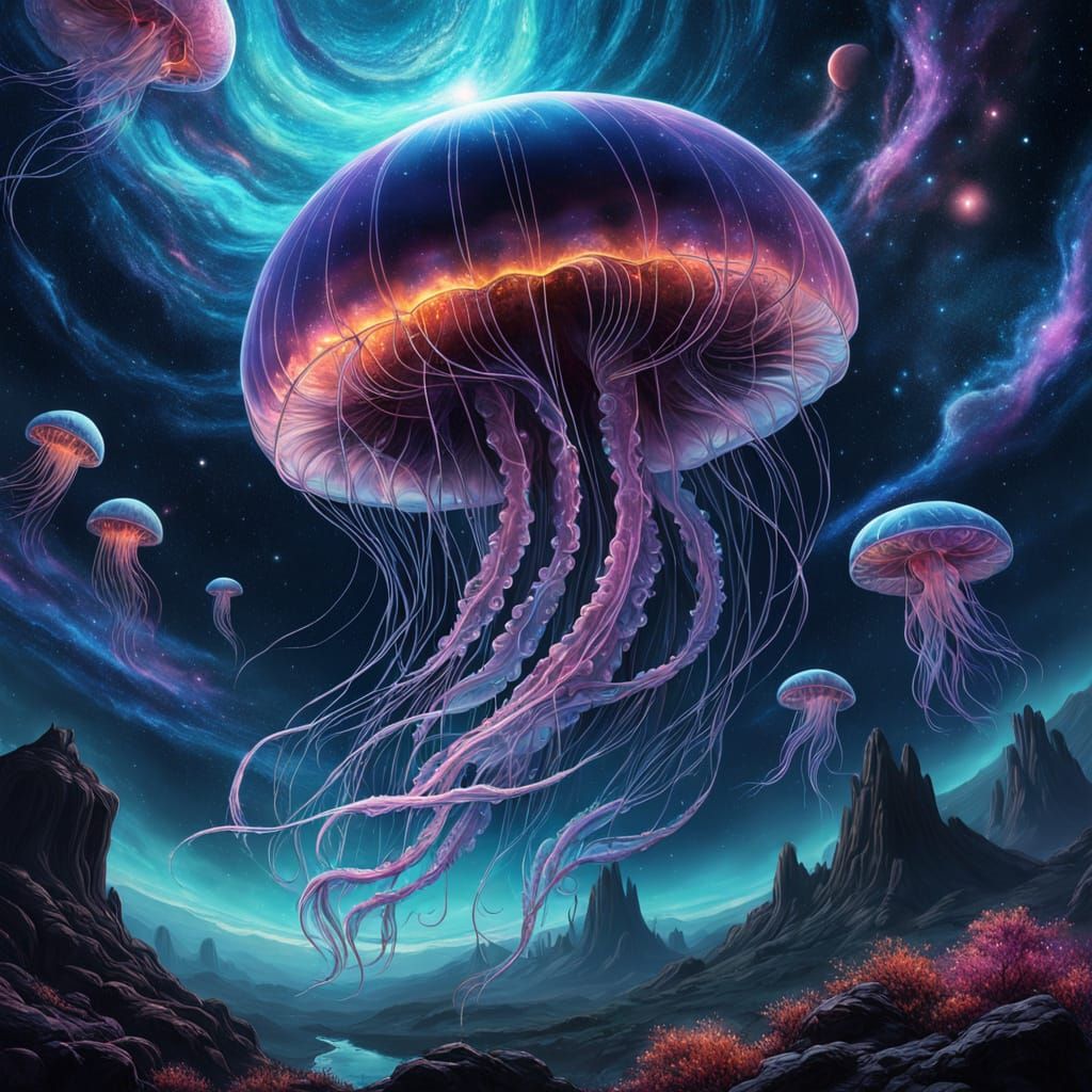 Bioluminescent Jellyfish Drifting Through Deep Space