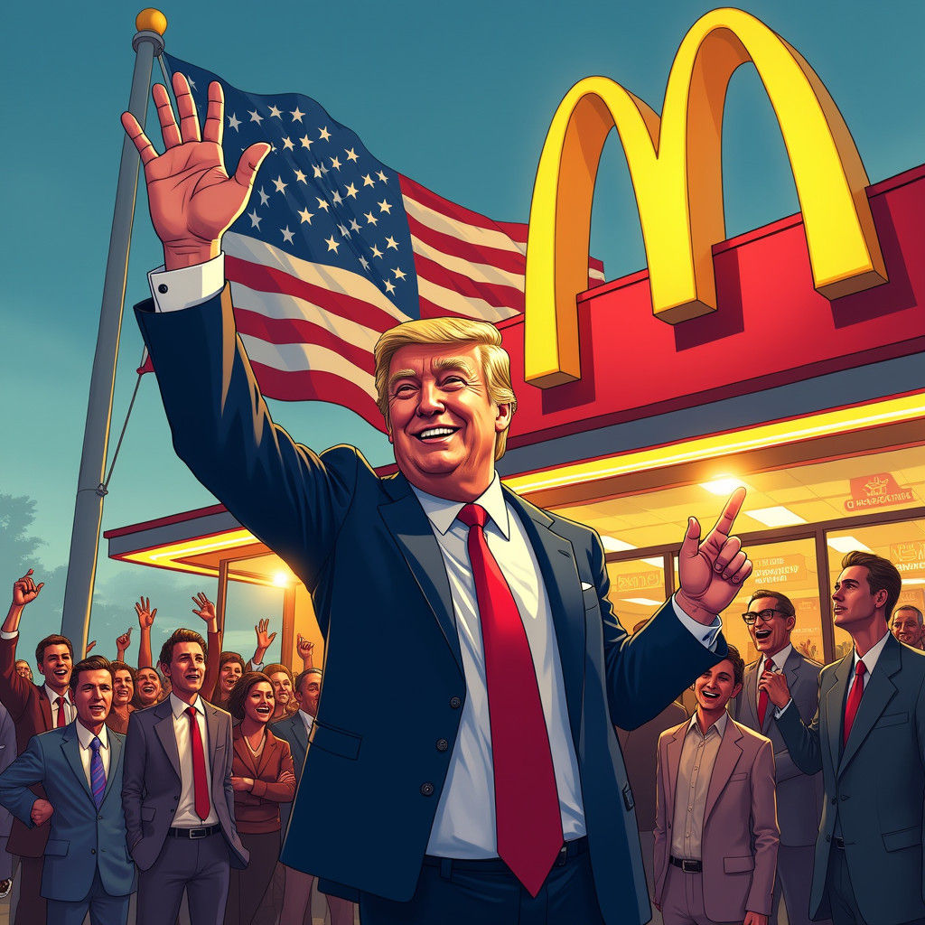 Donald Trump Waving at McDonald's, Cartoon Style