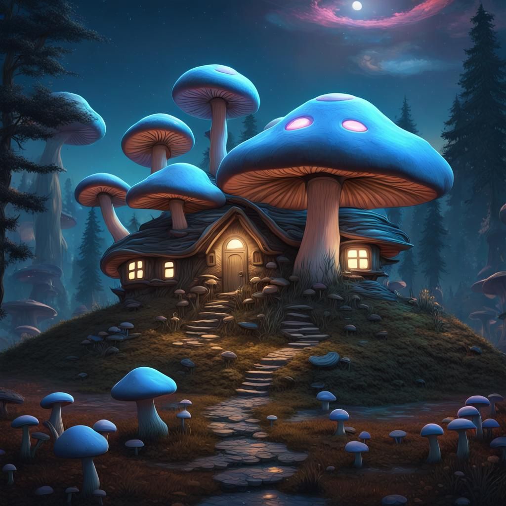 Mushroom House and Cat: Dark Fantasy Concept Art