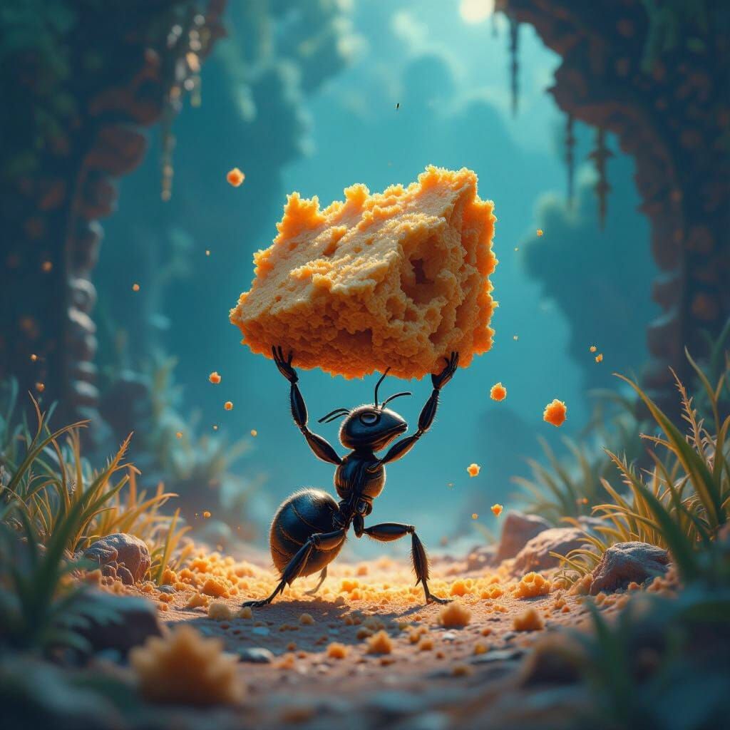 Heroic Ant Lifting Crumb in Detailed Matte Painting
