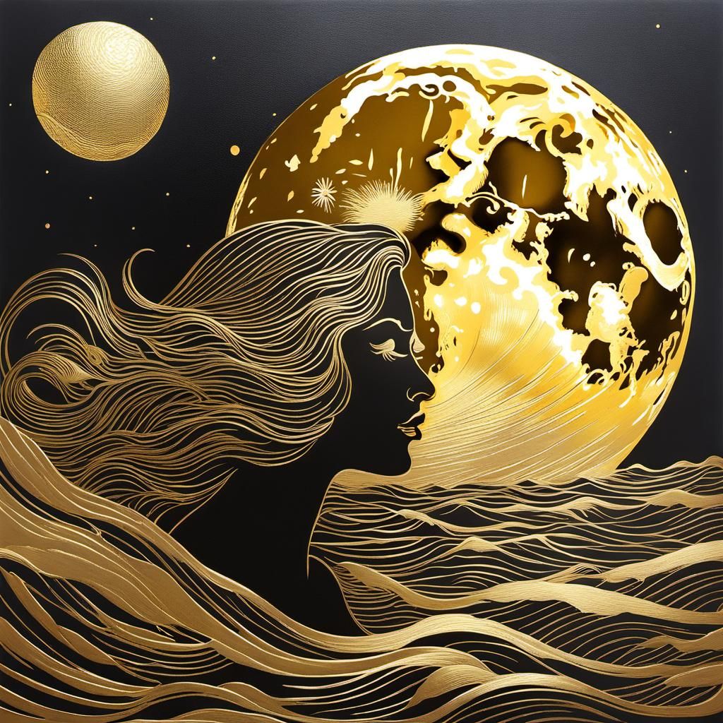 Golden Moon Over Sea Waves in Linocut Style