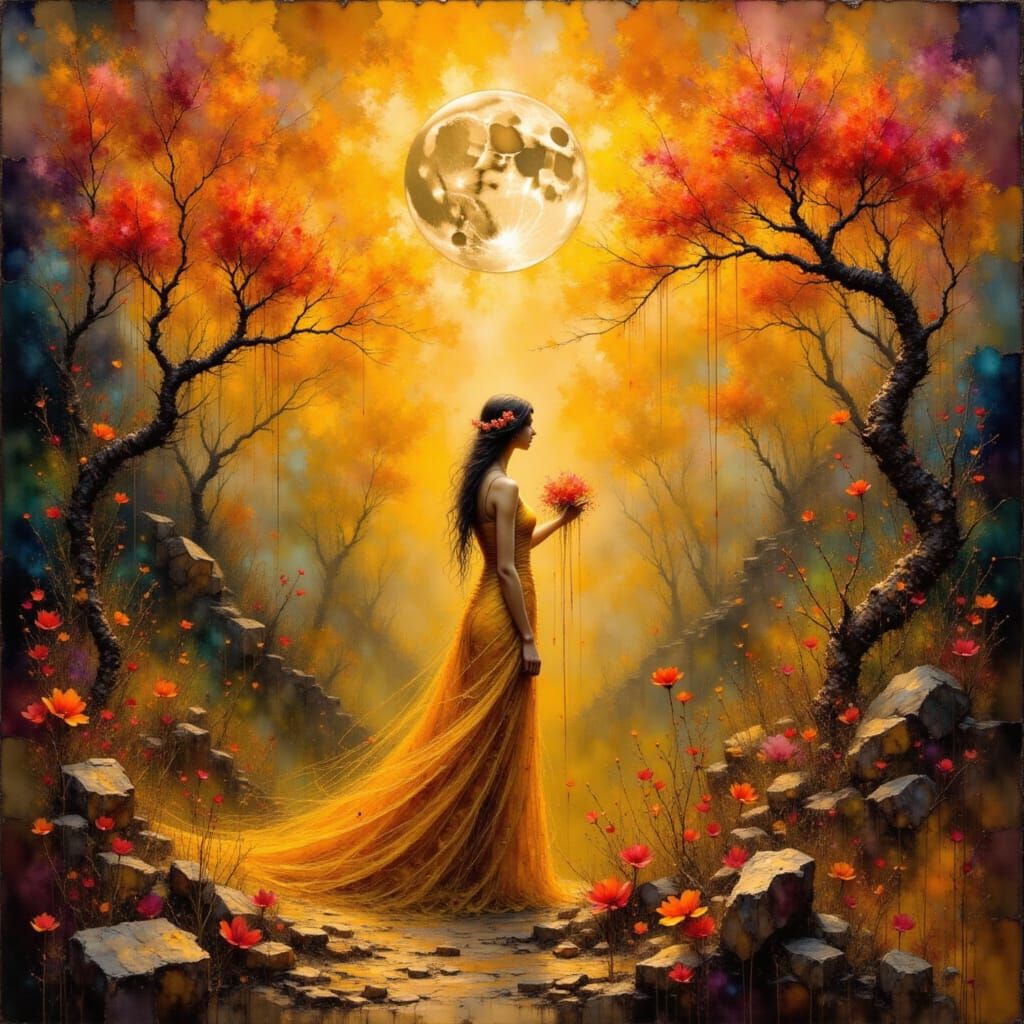 Nature Goddess in Gold and Crimson Hues