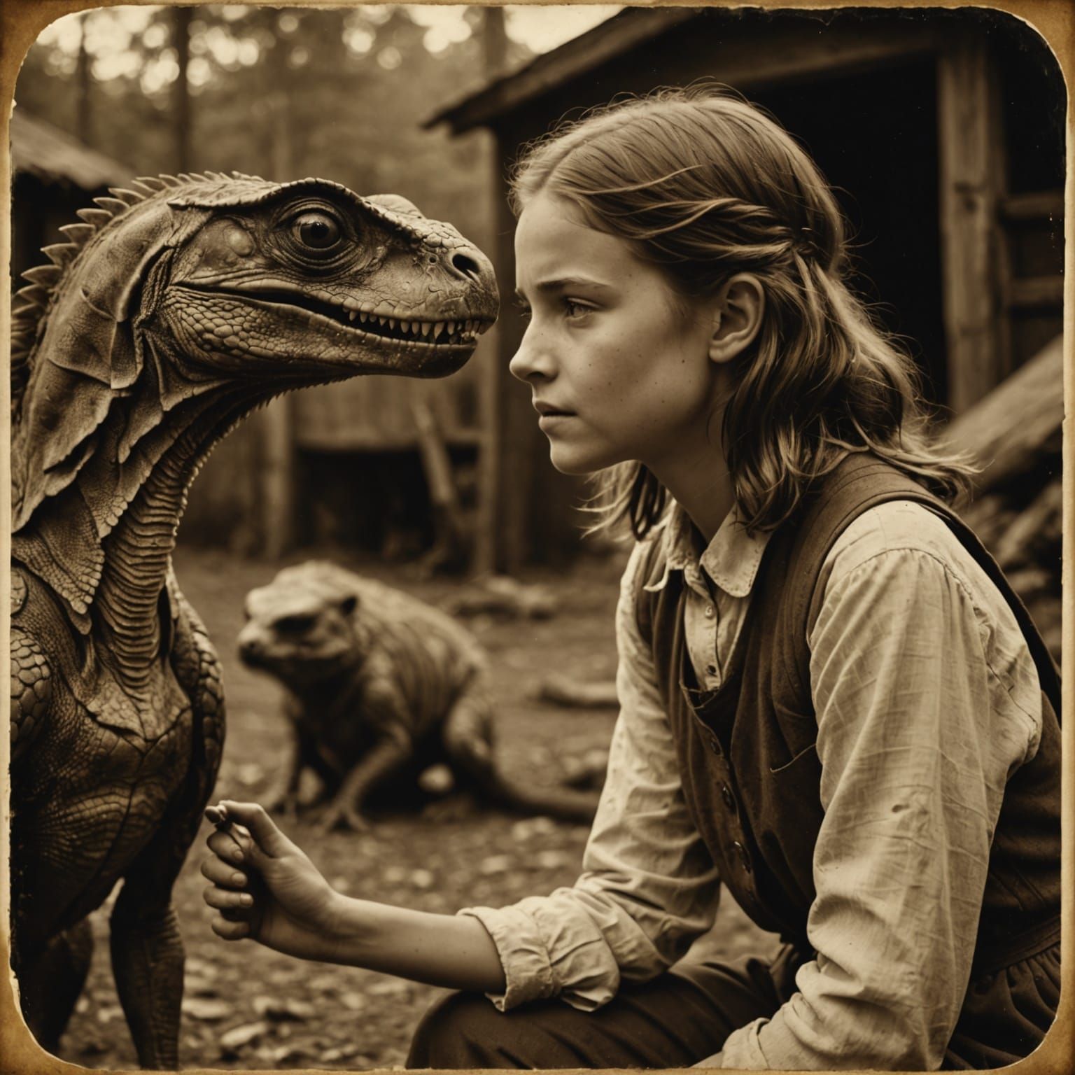Girl Gazes Lovingly at Disgusting Animal in Vintage Sepia Ph...