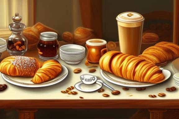 Breakfast Table with Coffee, Croissant, and Honey