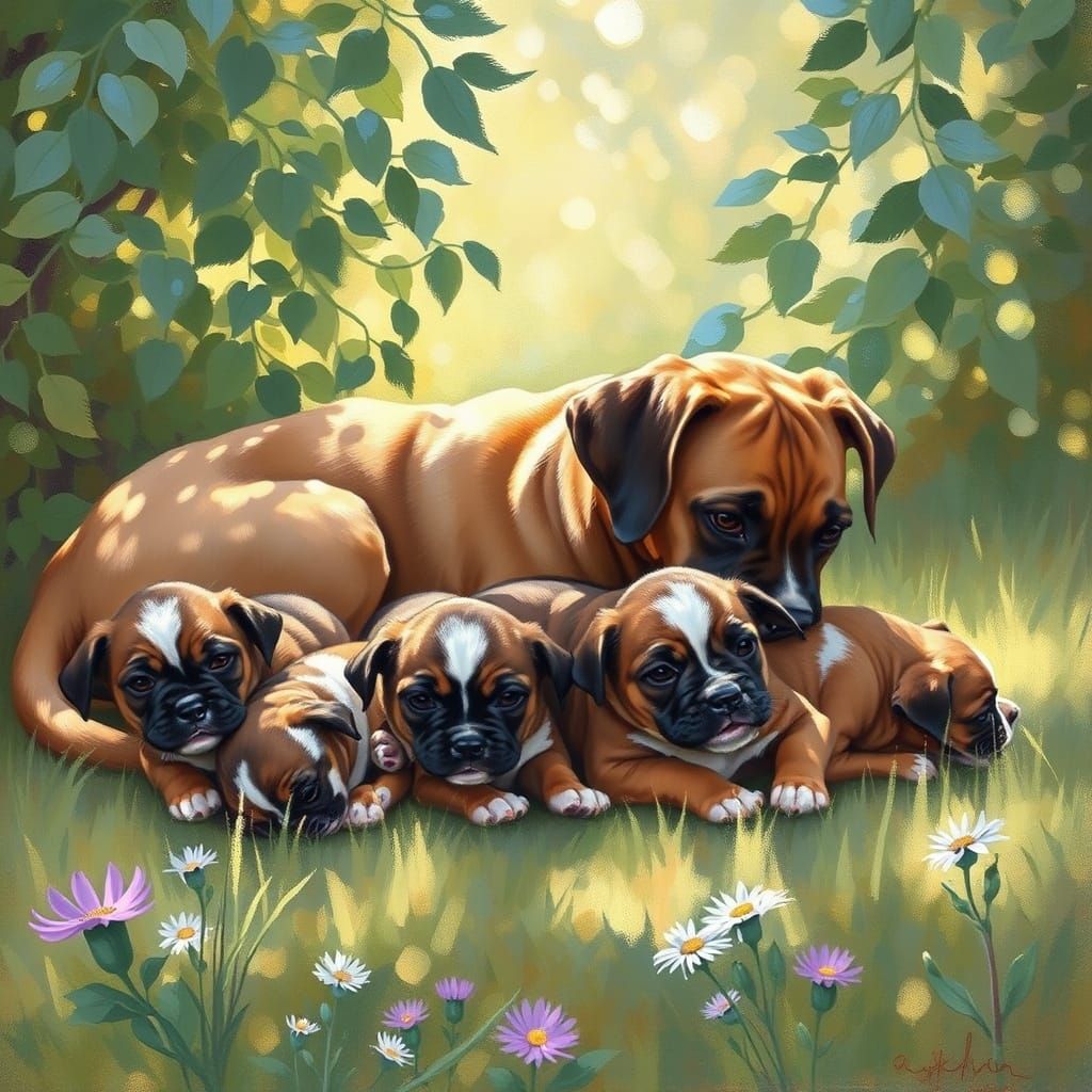 Boxer Mother and Puppies in Impressionist Garden