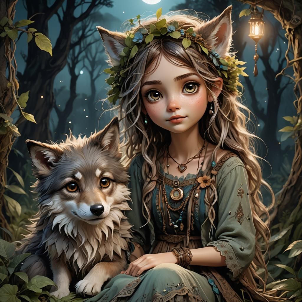 Boho Pixie and Wolf Pup in Magical Forest