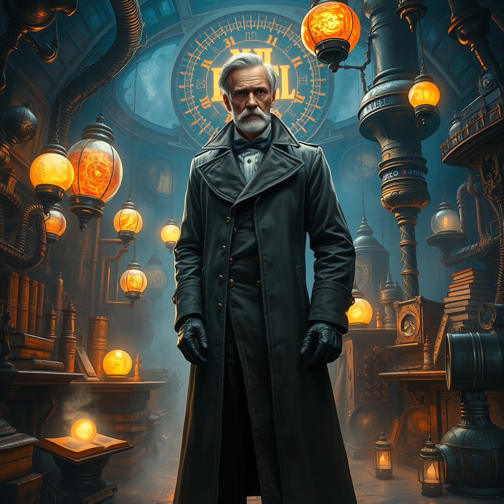 Mystical Scientist in Steampunk Laboratory, Digital Art