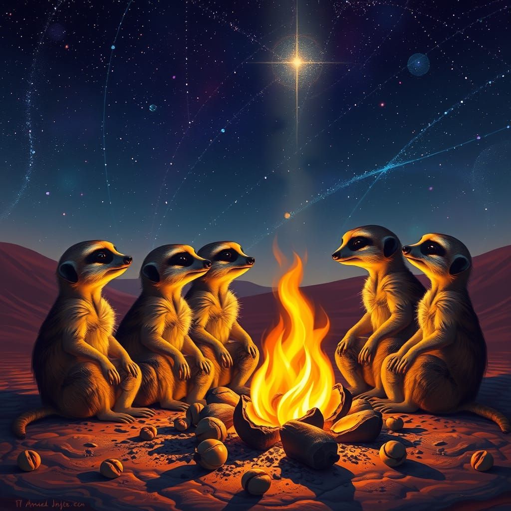 Meerkat Family Campfire Under Sahara Starry Sky