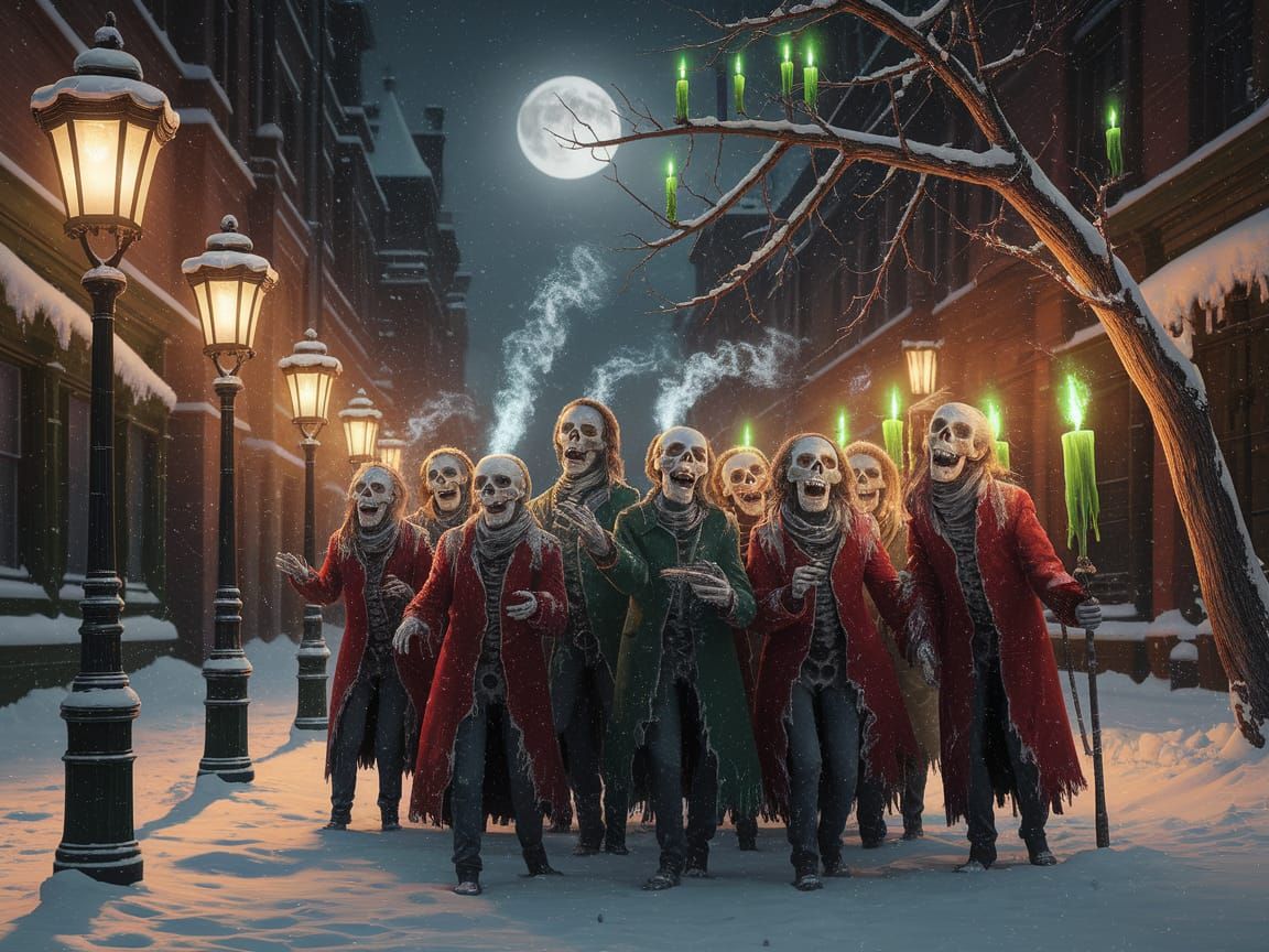 Skeletal Carolers on Snowy Victorian Street