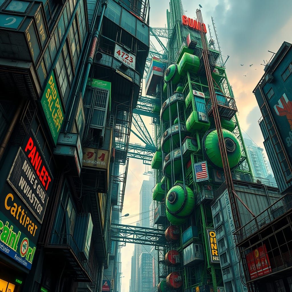 Hyperrealistic Urban Megastructure in Vibrant, Neon Hues