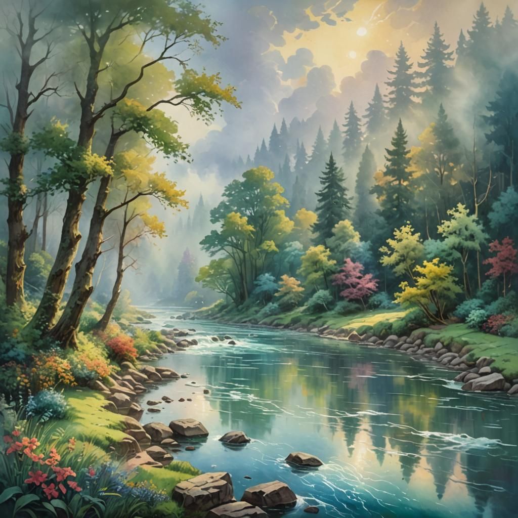 River of Peace in Gouache Impressionist Style