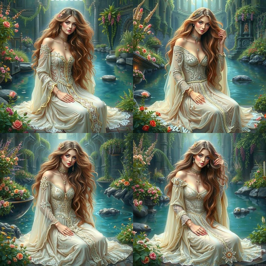 Woman in White Dress in Church by Baptismal Font